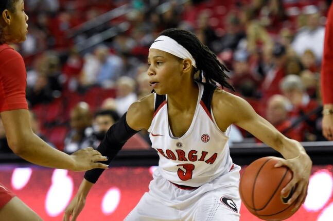  Georgia guard Tiaria Griffin (3) dribbles the ball during the Lady Bulldogs' game against the Ole Miss Rebels at Stegeman Coliseum on Sunday, Feb. 7, 2016, in Athens, Ga. (Photo by David Barnes)