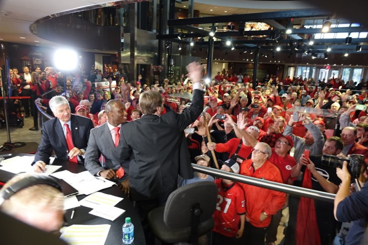 Coach Kirby Smart waves to fans at Butts-Mehre, Athens, GA - National Signing Day 2016 (Photo by Bulldawg Illustrated's Greg Poole)