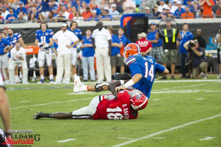 Deandre Baker (18) sacks Florida QB Del Rio
