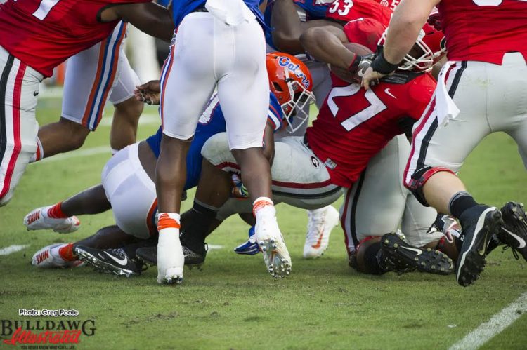 Tough finding room to run for Nick Chubb today