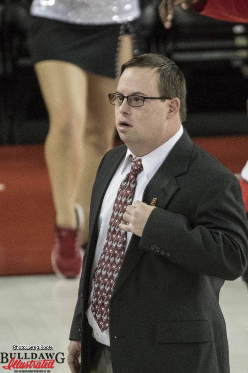 Doug Dawg helping the Georgia Women's Basketball team with a timeout decision.