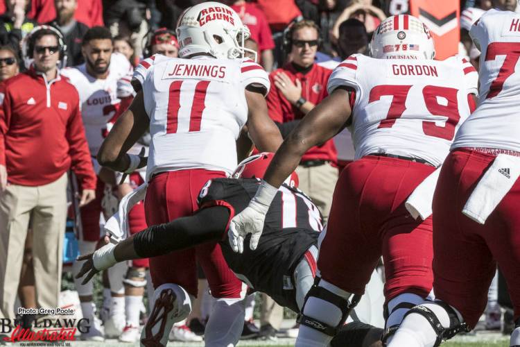 Trenton Thompson (78) with the pressure on Ragin' Cajun QB Anthony Jennings (11)