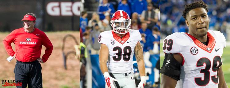 Kirby Smart, Ryne Rankin (38), and Rashad Roundtree (39) Photo: Greg Poole/Bulldawg Illustated