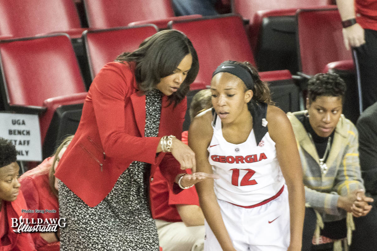 Georgia women's basketball Head Coach Joni Taylor and junior guard Haley Clark (12)