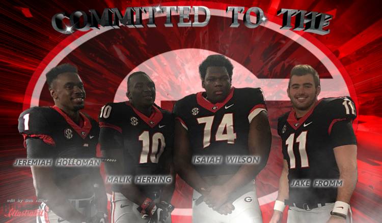 Jeremiah Holloman (1), Malik Herring (10), Isaiah Wilson (74), and Jake Fromm (11) edit by Bob Miller/Bulldawg Illustrated