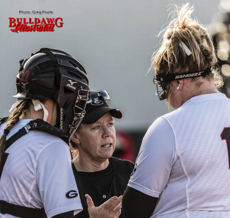 Lu Harris-Champer (UGA head coach) talks with Brittany Gray (R)