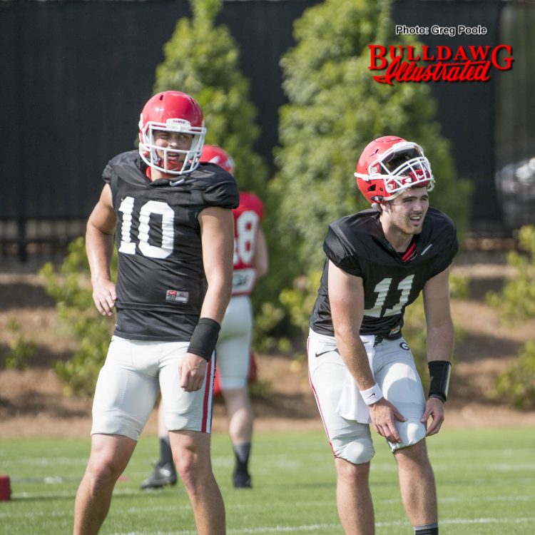 Georgia QBs Jacob Eason (10) and Jake Fromm (11)