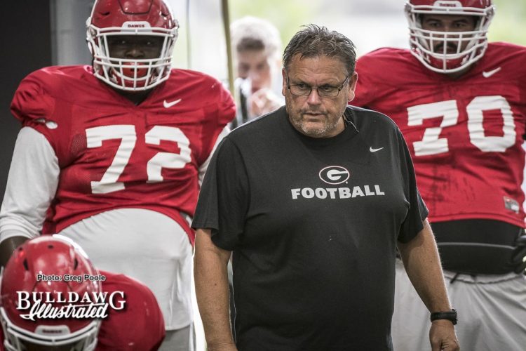 Offensive line coach Sam Pittman, Netori Johnson (72) and Aulden Bynum (70) – fall Camp Day 4 – August 3, 2017
