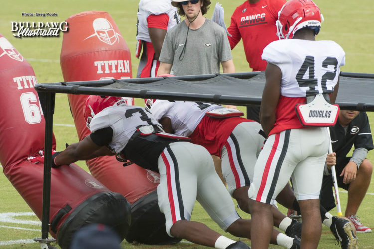 Georgia defensive players going through drills during Tuesday afternoons practice.