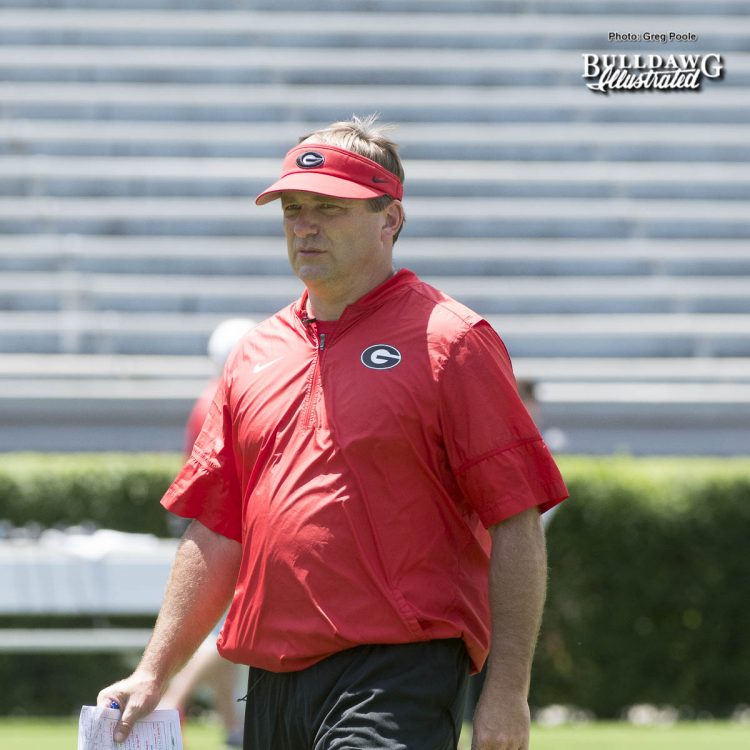 Kirby Smart looks on during the Bulldogs first scrimmage of Fall Camp - Saturday, August 12, 2017 -