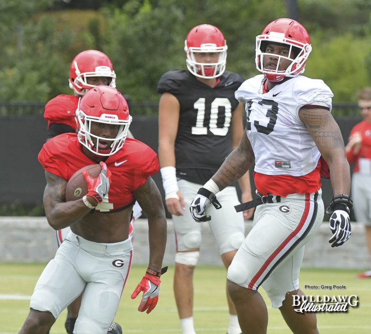 Mecole Hardman (4), Jonathan Lebetter (13), Jacob Eason (10) - UGA Fall Camp - Practice No. 16 - Thursday, August 17, 2017