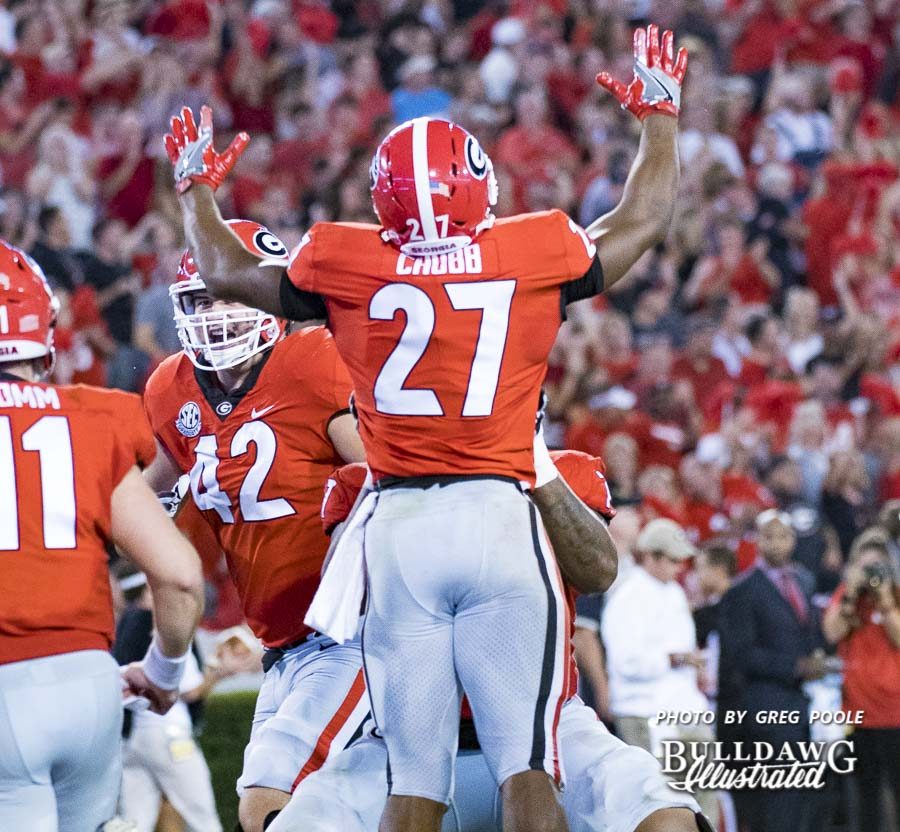 Nick Chubb (27) celebrates with his teammates after a touchdown - UGA vs. Samford - Athens, GA, Saturday, Sept. 16, 2017