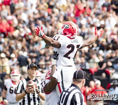 Isaiah Wynn (77) celebrates with Nick Chubb (27) after one of this two TD runs - UGA vs. Vanderbilt - Saturday, October 7, 2017