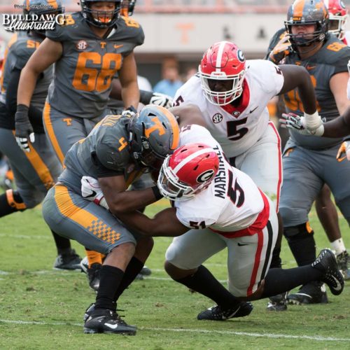 Vol running back John Kelly (4) is stuffed by Bulldog d-lineman David Marshall (51) as Julian Rochester (5) comes in to help clean-up - 3rd quarter, UGA vs. Tennessee - Saturday, Sept. 30, 2017