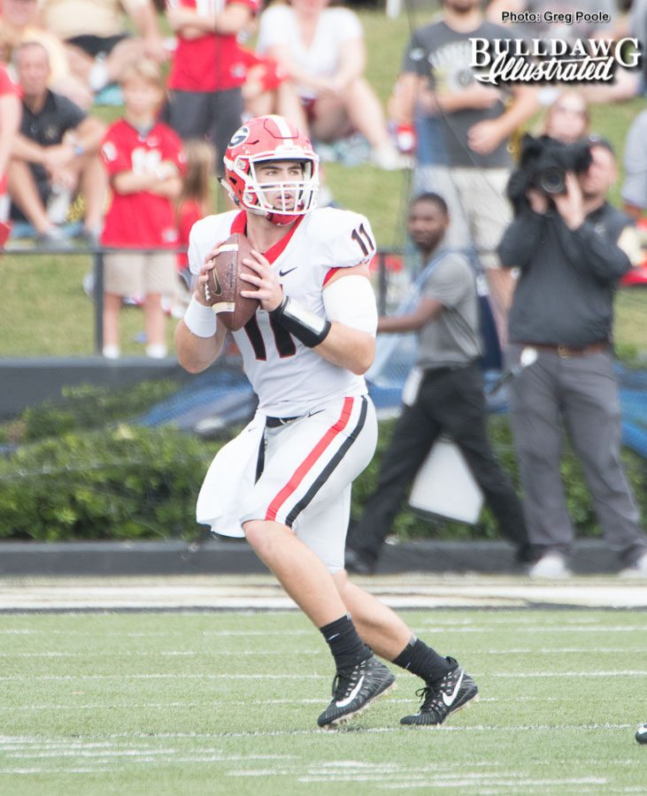 Jake Fromm (11) drops back to pass - UGA vs. Vanderbilt - Saturday, October 7, 2017