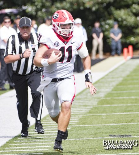 Jake Fromm (4) using his legs to do some positive things - UGA vs. Vanderbilt - Saturday, October 7, 2017
