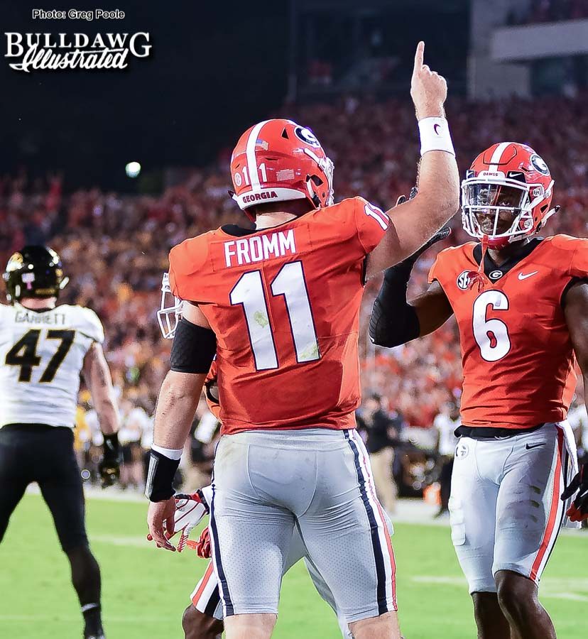 Jake Fromm (11) and Javon Wims (6) celebrate another Bulldog touchdown drive - Georgia vs. Missouri - Saturday, Oct. 14, 2017