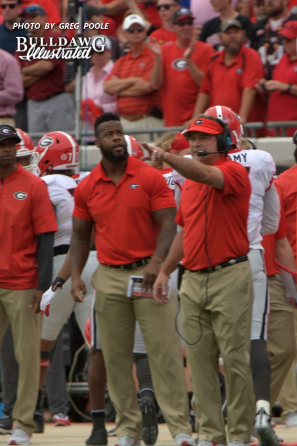 Kirby Smart coaching away during the 96th Georgia-Florida game on Saturday, Oct. 28, 2017