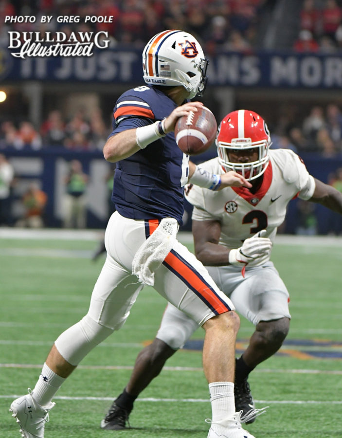 Georgia's Roquan Smith (3) bears down on Auburn QB Jarrett Stidham (8) - 2017 SEC Championship, Saturday, Dec. 2, 2017 -