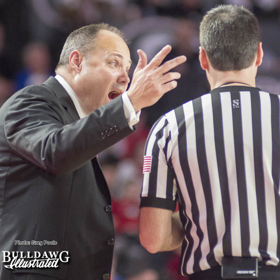 Head Coach Mark Fox pleads his case with an official during the Georgia men's basketball game versus Florida.